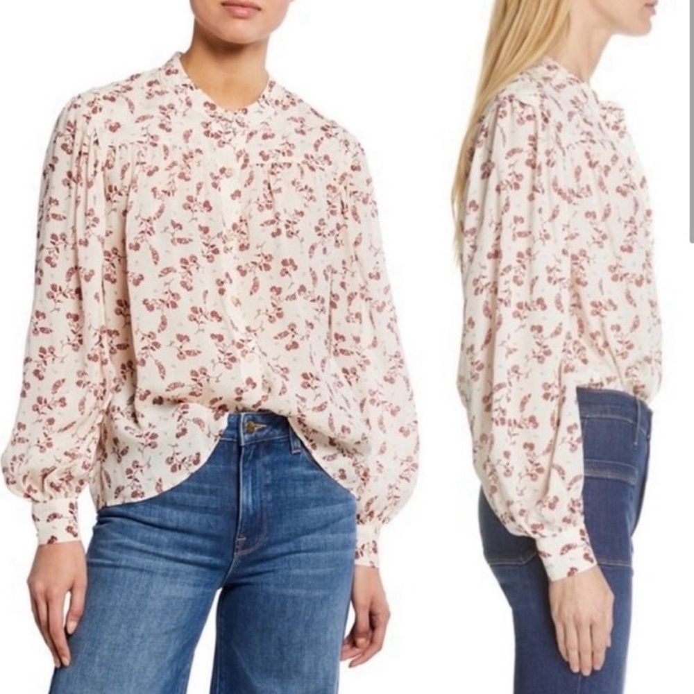 Frame Denim Ivory and Red Floral Blouse - Silk Blend